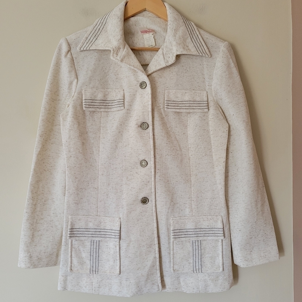 Vintage 70s Women's Leisure Suit Jacket Dagger Collar White Beige Size Medium